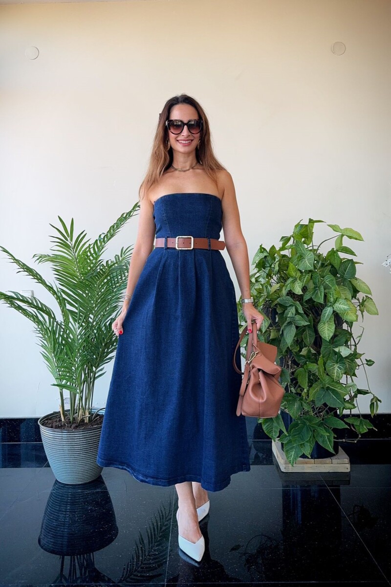 KEMER AKSESUARLI STRAPLEZ MİDİ KOT ELBİSE - Clothing Palette