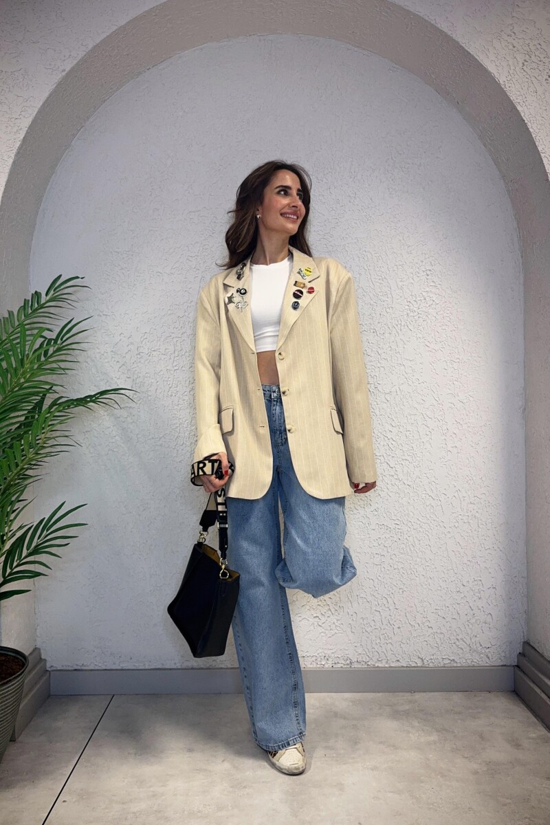 ROZET AKSESUARLI ÇİZGİLİ BLAZER CEKET - Clothing Palette