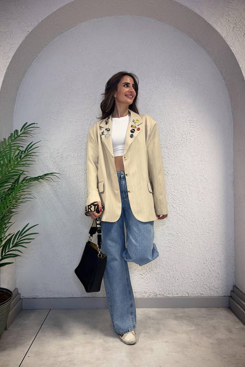 ROZET AKSESUARLI ÇİZGİLİ BLAZER CEKET - 1